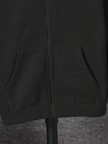 SHEIN 兒童 1 件大童男孩黑色連帽冬季開襟衫 寬鬆版型 秋季休閒城市運動學院風復古貼袋 開學日常穿搭 - 黑色 - 查看 6
