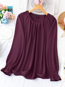 Plus Size Casual Solid Color Long Sleeve Shirt, Autumn - Red - View 1
