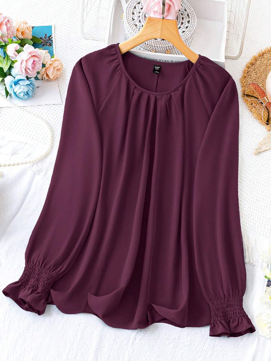 Plus Size Casual Solid Color Long Sleeve Shirt, Autumn - Red - View 1