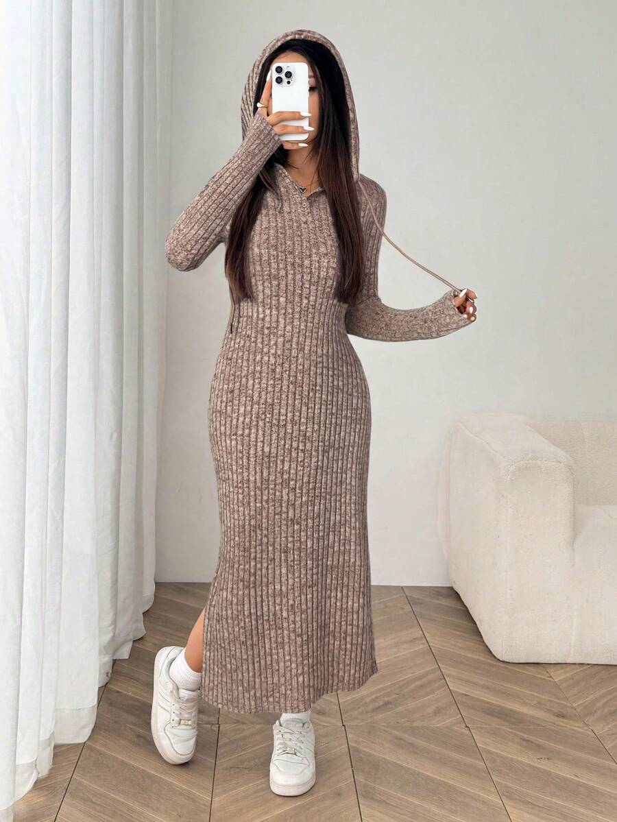 SHEIN EZwear 女款長袖針織中長洋裝,連帽設計,修身羅紋針織開衩洋裝,咖啡棕色,秋季休閒日常款 - 駝色 - 查看 1