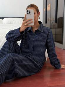 Livesso Women's Casual Striped Shirt Jacket And Straight Leg Pants Suit, Loose Fit Business Casual Office Wear, Autumn/Winter - Dark Wash - View 7