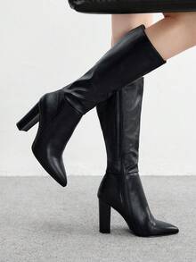 CUCCOO BIZCHIC 高品质黑色及膝靴，尖头粗跟优雅女靴，时尚百搭新设计长靴，展现女性魅力和优雅 - 黑色 - 查看 5