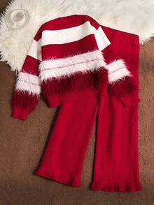 Elladie kids 2 件套女童红色圣诞条纹针织毛衣上衣和荷叶边下摆针织裤套装，休闲温暖舒适的冬季服装 - 紅色 - 查看 2