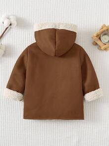 Cozy Pixies Baby Girl Suede Thermal Lined Contrast Color Long Sleeve Hooded Cardigan, Casual & Versatile In Fall/Winter - Coffee Brown - View 2