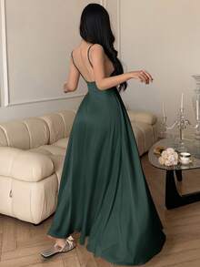DAZY Sexy Satin Deep V-Neck High Slit Waist Cinched Long Slip Dress For Women - Dark Green - View 2
