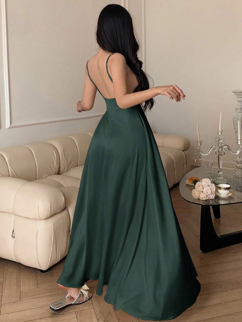 Sexy Satin Deep V-Neck High Slit Waist Cinched Long Slip Dress For Women Pajamas