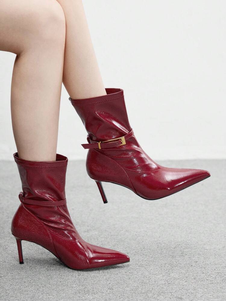 CUCCOO BIZCHIC Bottes cheville à talon stiletto en métal minimaliste, bottines élégantes à talons hauts en patchwork