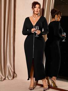 Cravure Váy dệt kim dài tay cổ chữ V có khóa kéo gợi cảm lấy cảm hứng từ Y2K dành cho nữ cỡ lớn cho mùa thu đông - Váy ôm sát, thanh lịch với viền xẻ tà - màu đen - Xem 8