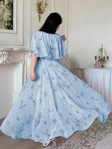 Modelyn 女式 V 领斗篷设计束腰飘逸花卉印花雪纺连衣裙 - 藍色 - 查看 2