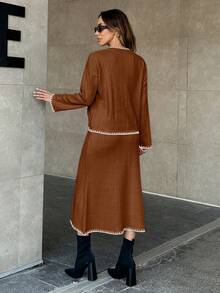 EURMUSE Women Solid Color Rib Knit Handmade Stitch Detailed Sweater & Sweater Skirt Set - Brown - View 3