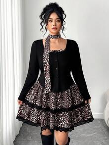 Elenzga Plus Size Women's Elegant Black Slim Fit Tie-Dye T-Shirt & Leopard Print Ruffle Hem Mini Skirt 2 Pieces Set,Autumn Festa Fashionable Casual Outfits - Multicolor - View 3