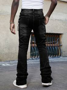 ROMWE MEN Street Life 男式多层口袋褶皱休闲喇叭水洗牛仔裤 - 黑色 - 查看 2