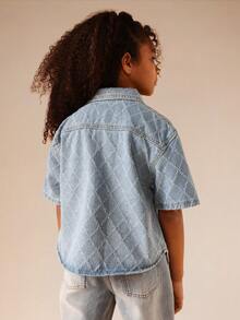 SUMWON Tween Quilted Diamond Denim Button Front Short Sleeve Oversized Shirt For Summer Fall Casual Streetwear - Light Wash - View 3