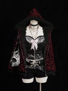 Sunspun Fashionable Leopard Print Velvet Hooded Faux Fur Lined Zip-Up Jacket - Multicolor - View 6