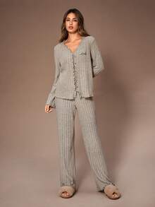 Lazeform Women's Grey V-Neck Ruffle Trim English Embroidered Soft Brushed Ribbed Knit Long Sleeve Top And Pants, Sweet Casual Outerwear & Homewear 2 Pieces Pajama Set, Winter Clothes - Grey - View 4