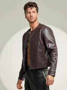 Men's Versatile PU Leather Slant Pocket Button Front Jacket - Black - View 4