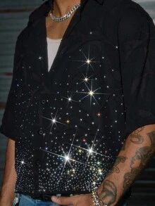 AXEPEAK Áo thun polo dáng rộng đính đá pha lê cho nam - màu đen - Xem 6