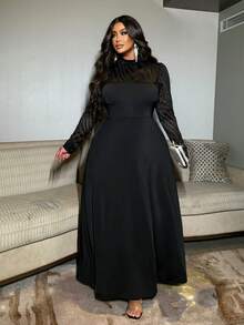 NU&NOW Váy dài tay cổ đứng, chất liệu vải thun dệt kim, chắp vá, tay dài, dáng rộng cho nữ, váy dự tiệc thanh lịch cho mùa thu/đông - màu đen - Xem 5