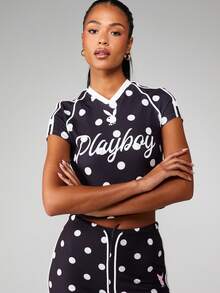 Missguided x Playboy Áo bóng đá chấm bi tay ngắn crop top cổ chữ V và số thể thao - Đen và trắng - Xem 4