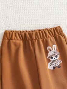 SHEIN 幼儿男童圆领动物印花套头衫搭配休闲运动裤，可爱的运动休闲风格，适合室内外穿着 - 棕色 - 查看 3