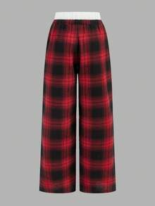 SHEIN Tween Girls' Loose Casual Contrast Trim Simple Comfortable Mid-Rise Wide Leg Pants, Christmas Red Plaid - Red - View 3
