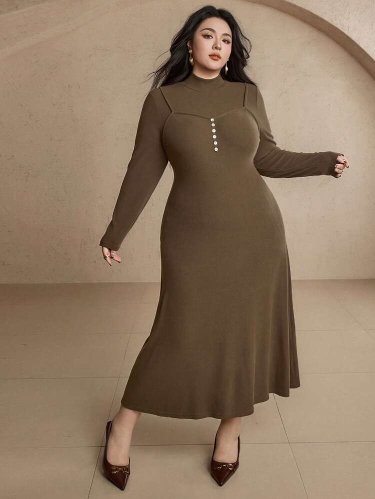 Dazy Plus Plus Size Women Solid Color Elastic Fitted 2 In 1 Design Party Maxi Dress, Elegant