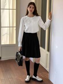 DAZY 少女休闲日常通勤简约百搭纯色宽松衬衫，彼得潘领荷叶袖，春秋季长袖上衣 - 白色 - 查看 6