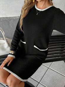 Chiquease Women's Autumn/Winter Contrast Piping Pockets Fitted Sweater Dress, Suitable For Work And Commute