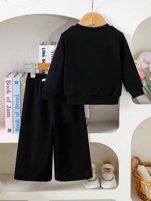 Baby Girls' Pullover Hoodie With Bow Decor And Wide Leg Pants Set, Spring/Autumn Baby Girl Sweat Set Baby Girl Tracksuit Two Pieces Sets Baby Clothes Girl Black White And Pink Baby Girl Clothes With Bows Fall Winter - Black - View 2
