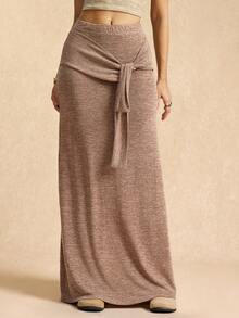 Easelle Vintage Nomadic Brown Low Waist Tie Front Slit Hem Bodycon Maxi Skirt For Women,Chic Elegant Summer Vacation Wrap Around Knit Curve Long Skirt - Brown - View 1