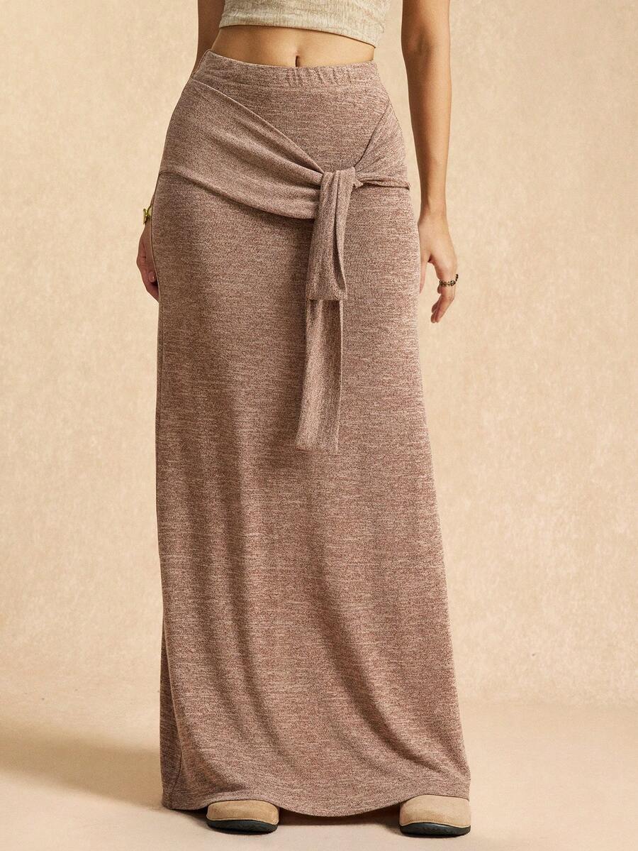 Easelle Vintage Nomadic Brown Low Waist Tie Front Slit Hem Bodycon Maxi Skirt For Women,Chic Elegant Summer Vacation Wrap Around Knit Curve Long Skirt - Brown - View 1