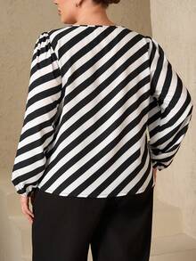 Plus Size Fashionable Commuter Contrast Stripe Shirt Elegant Blouses For Women  Stylish Women's Blouses - Black and White - View 2