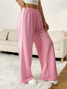 SHEIN PETITE Back To School Fall Outfits Women Clothes Women's Casual Wide Leg Sweatpants With Contrasting Stripes, Pink,Fall Clothes For Women Baggy - Pink - View 7
