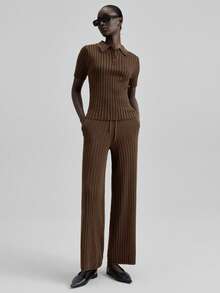 Ontre Women's Solid Color Polo Neck Knit Top And Drawstring Pants Sweater Set,Shades Of Brown,Autumn,Effortless Chic,Everyday,Urban Commute Business Outfit - Brown - View 6