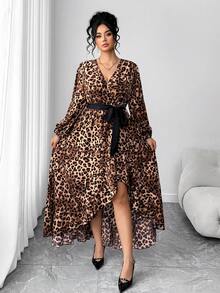 Cravure Plus Size Women Sexy Waist Belt Leopard Print High Slit Ruffle Hem Long Sleeve Dress - Khaki - View 3