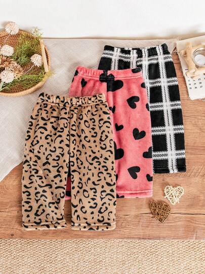 3pcs Baby Girls' Casual Chic Heart, Leopard, Plaid Fleece Pants, Suitable For Outdoor Wear In Winter Animal Print Clothes Toddler Baby Trousers Girls Pants Toddler Pants Neutral Baby Clothes Neutral Leggings Baby Leggings Baby Pants Baby Set Autumn Winter Season Natural Baby Clothes Baby Knit Outfit