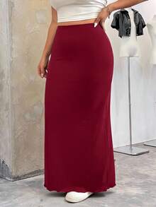 SHEIN EZwear 圣诞酒红色长款紧身大码半身裙 - 酒紅色 - 查看 3