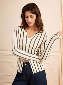 Lilora Women's Elegant Off-White Striped Long-Sleeved Pullover Sweater,Autumn Brunch Casual Chic,Old Money Style,Vintage Retro Boho,Modest Commuting Outing - Yellow - View 9