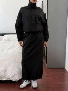 Livesso 女士秋冬加厚休闲宽松户外街头立领夹克外套和直筒裙两件套 - 黑色 - 查看 7