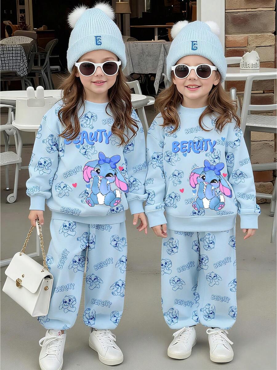 Set de 2 piezas de sudadera y pantalones a juego con estampado de conejo de dibujos animados lindo para niñas jóvenes, azul océano, conjunto casual cómodo para otoño/invierno - Multicolor - Ver 1
