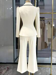 GlowEve 撞色饰边西装外套 + 高腰裤 - 杏色 - 查看 2