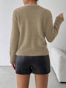 SHEIN Clasi Áo len cổ tròn đính hạt thanh lịch dành cho nữ, trang phục thu đông cho năm mới - Màu Khaki - Xem 2