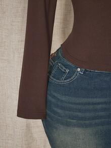 SHEIN ICON 女式加大码秋冬植物系列甜心领褶饰棕色长袖 T 恤 - 棕色 - 查看 5