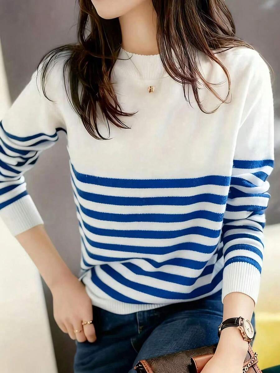 INAWLY 女式休闲条纹立领长袖毛衣