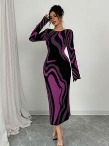 Elenzga Women's Color Block Fitted Waist All-Over Print Long Sleeve Sweater Dress - Purple - View 5