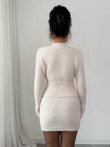 Elenzga 2件套深灰色束腰修身毛衣裙女秋冬装 - 杏色 - 查看 2