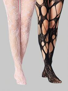 ROMWE Grunge Punk 2pcs Minimalist Style Tights, Thermal Lined Warm Leggings, Versatile Opaque Stretchy Skinny Pants Socks For Autumn/Winter - Multicolor - View 1