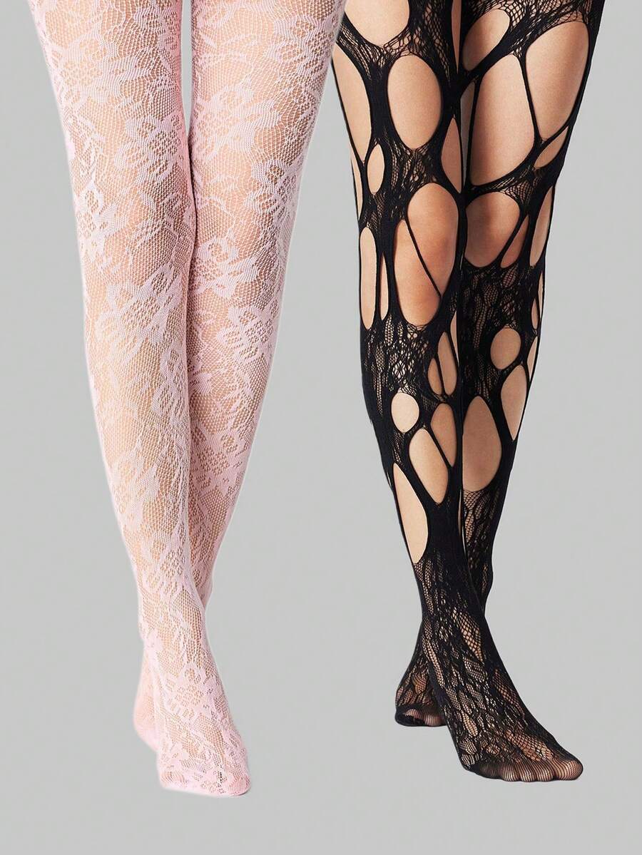 ROMWE Grunge Punk 2pcs Minimalist Style Tights, Thermal Lined Warm Leggings, Versatile Opaque Stretchy Skinny Pants Socks For Autumn/Winter - Multicolor - View 1