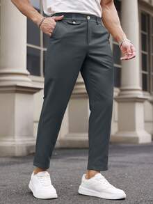 Manfinity Mode 男士休闲日常通勤纯色斜口袋西装裤 - 深灰色 - 查看 5