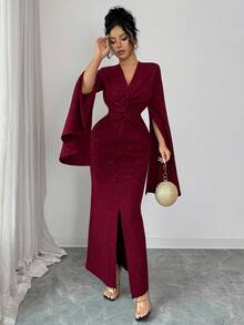 SHEIN Elenzya Đầm dài dự tiệc thanh lịch, vải sequin dệt kim họa tiết mới dành cho nữ, thiết kế xoắn, trẻ trung và duyên dáng, mùa thu/đông - Màu Đỏ Sâu - Xem 3
